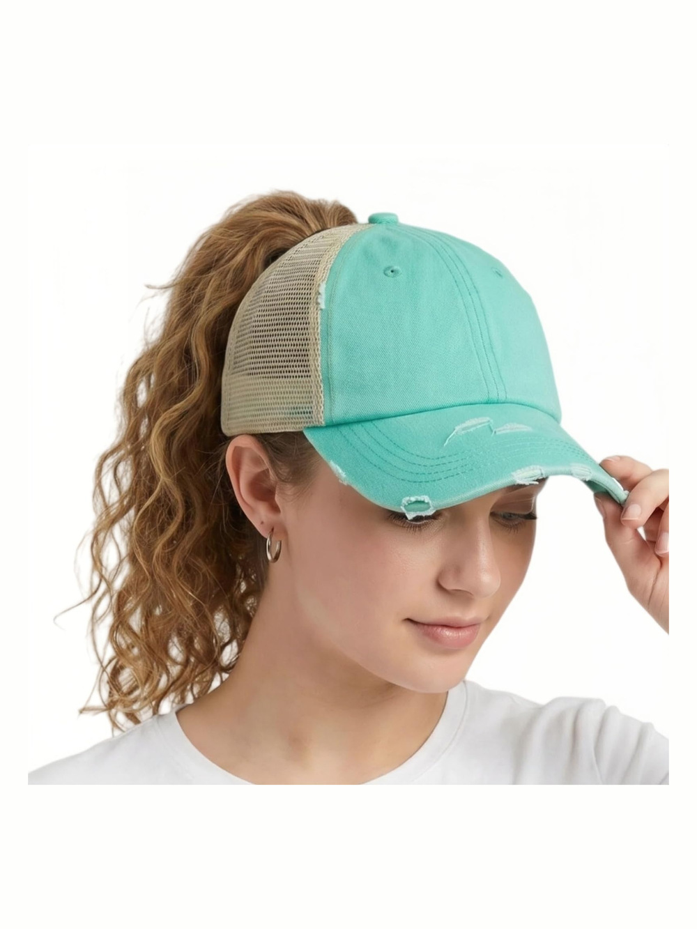 Womens High Ponytail Messy Bun Baseball Caps Distressed | Turquoise | Size OS